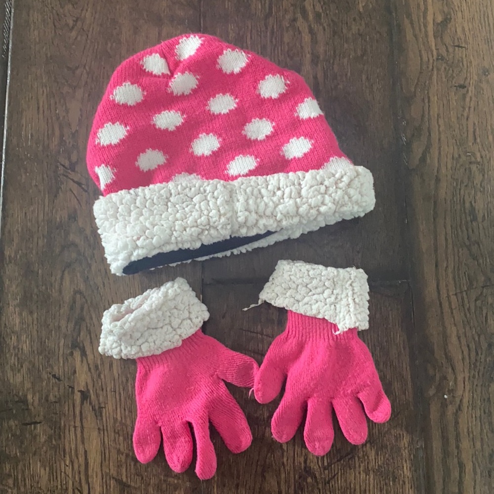 Girls pink polka dot beanie hat gloves